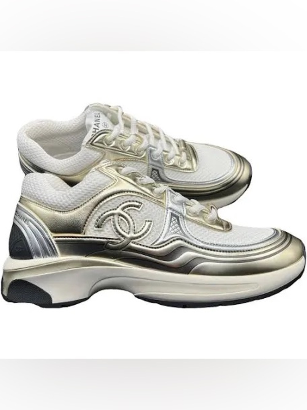 Chanel Fabric Laminated Calfskin Stretch CC Sneakers 38.5 White Silver Gold